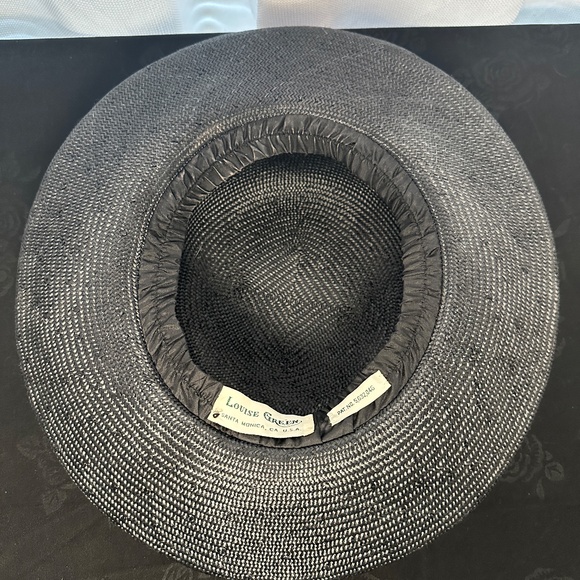 VINTAGE Louise Green Santa Monica, CA Black Straw Hat w/ Silk Ribbon & Flowers